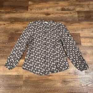 Boden Deep Sleeve Jersey Shirt Black Botanic Floral US 2 Office Career Feminine